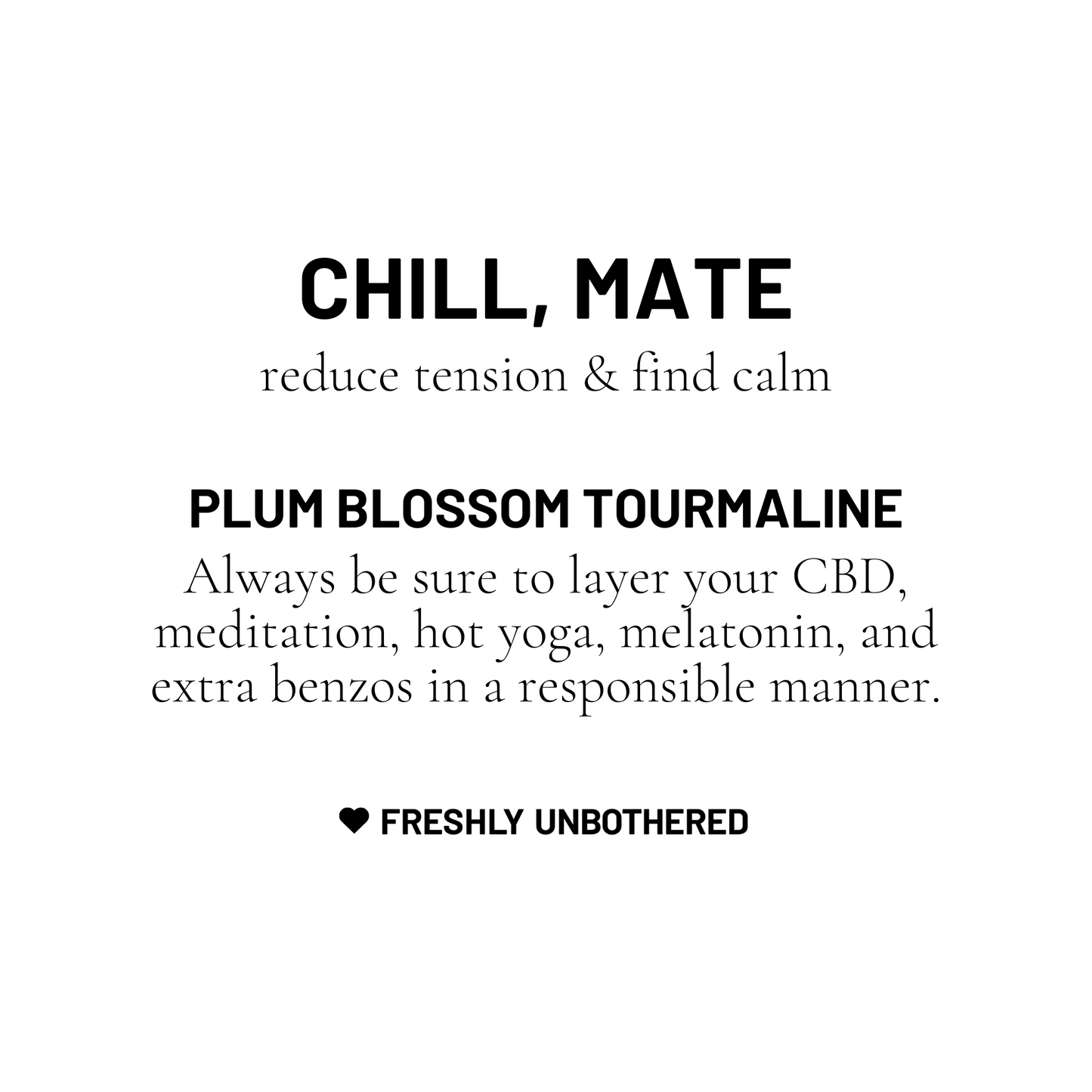 A black and white card describing plum blossom tourmaline to reduce tension and find calm.