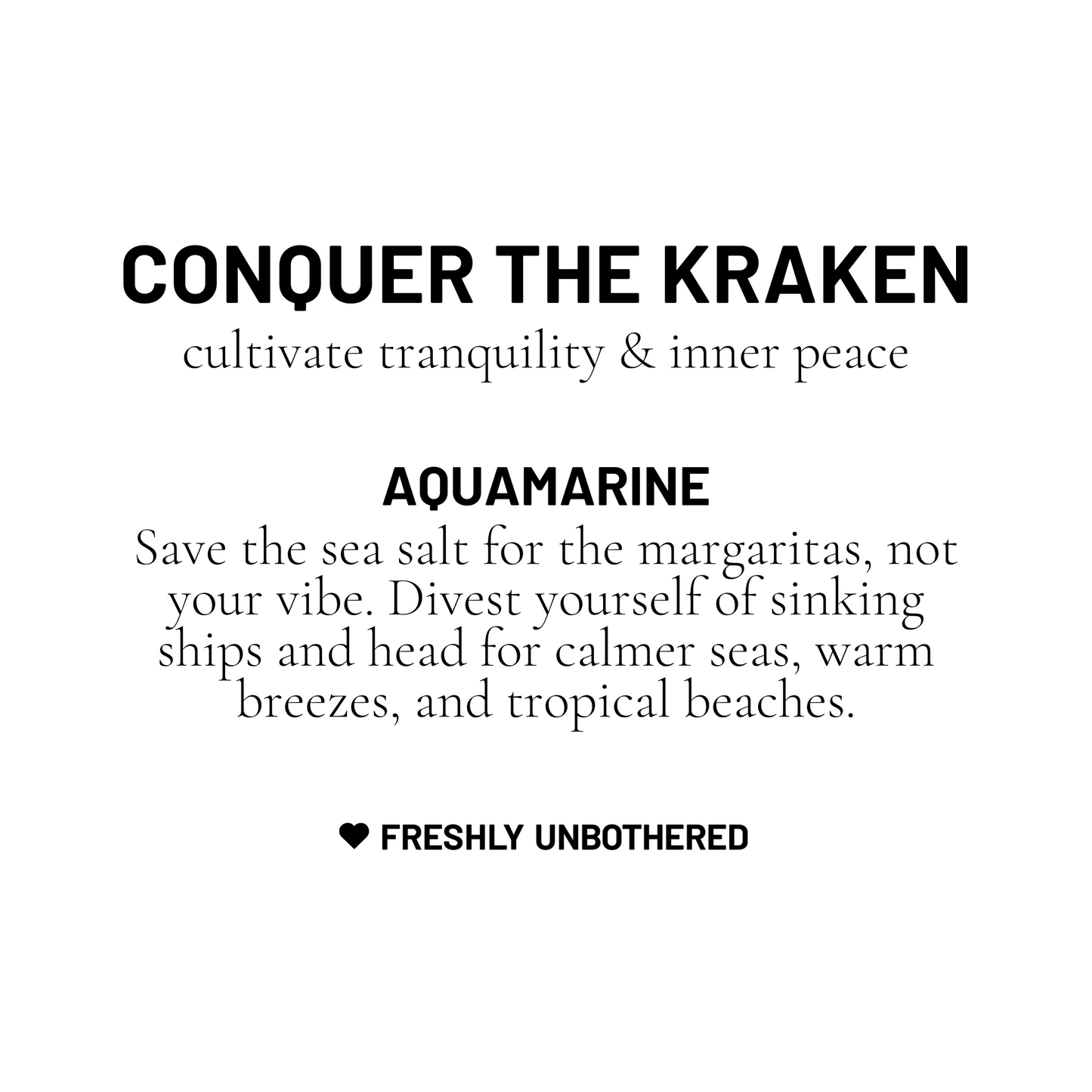 A black and white card describing aquamarine gemstone to cultivate tranquility and inner peace.
