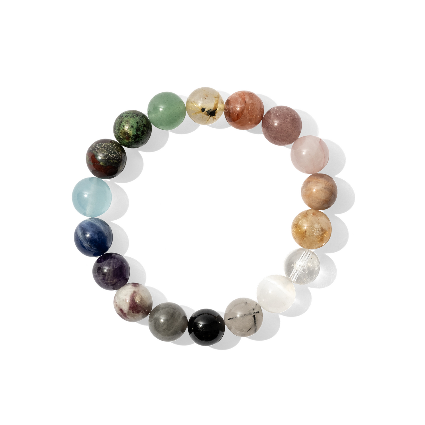 A single crystal gemstone bracelet made of mixture of almost 20 different varieties and colours of gemstones including green, blue, pink, yellow, black, purple and white.