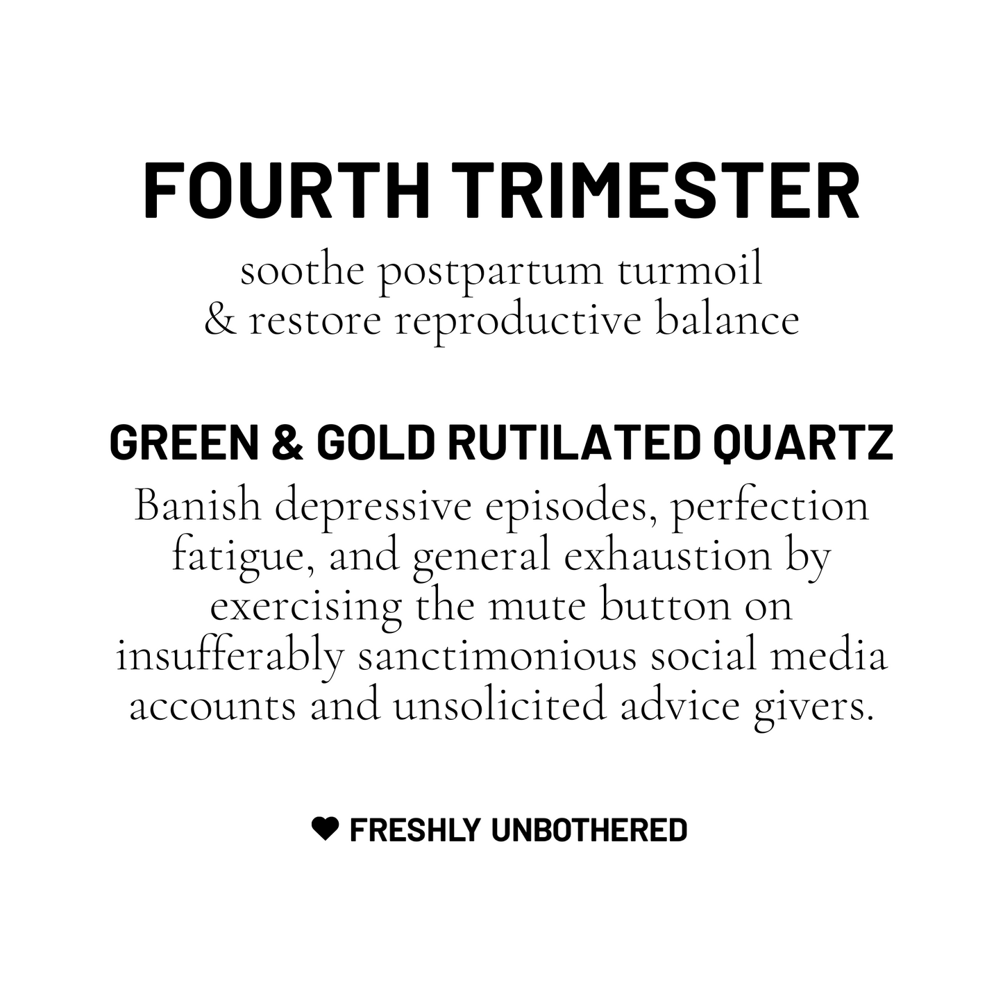 A black and white card describing green and gold rutilated quartz to soothe postpartum turmoil and restore reproductive balance.