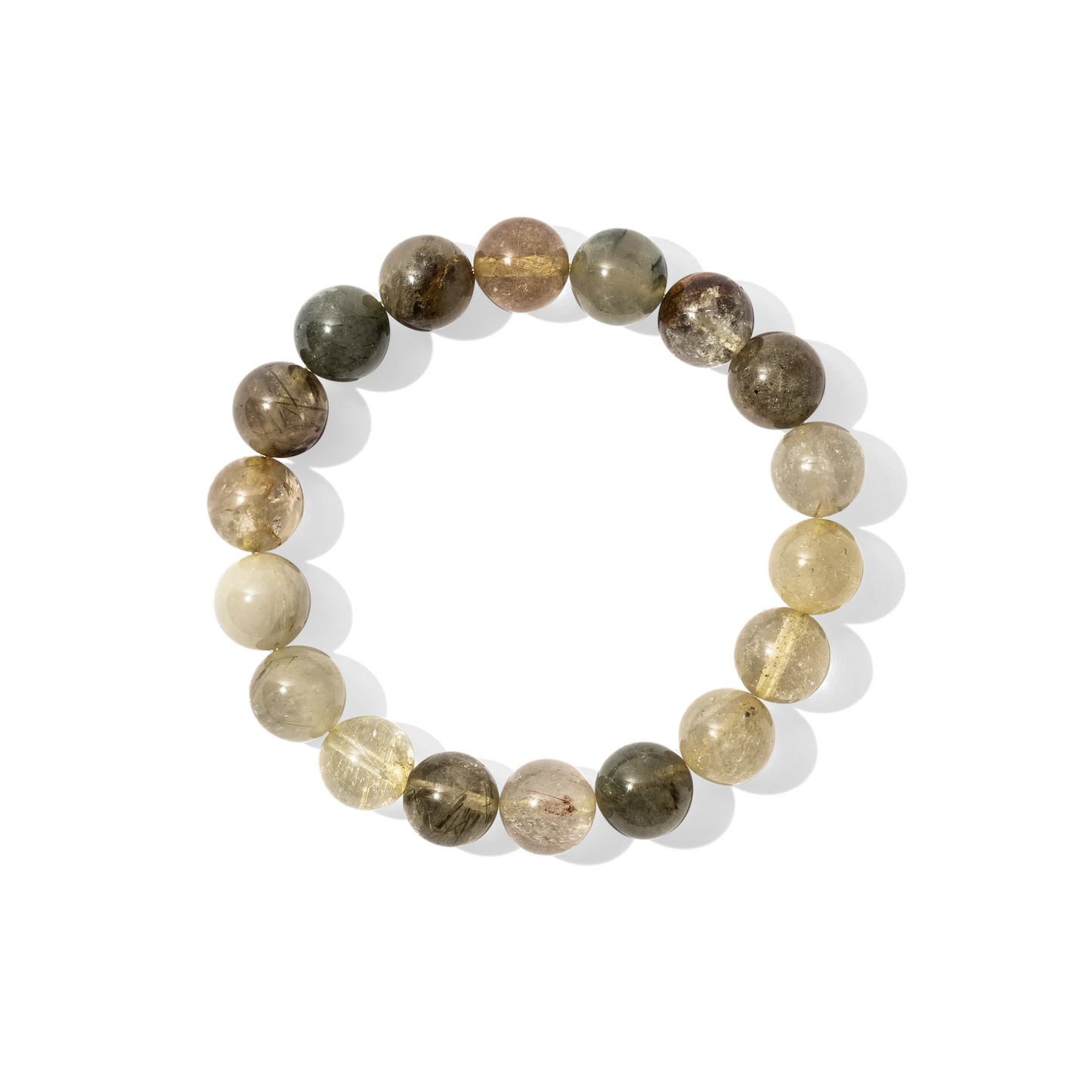 A single crystal gemstone bracelet made of green and gold rutilated quartz. A semi-transparent, shiny mix of moss green and golden tones containing striking gold and green crystals, or rutiles.