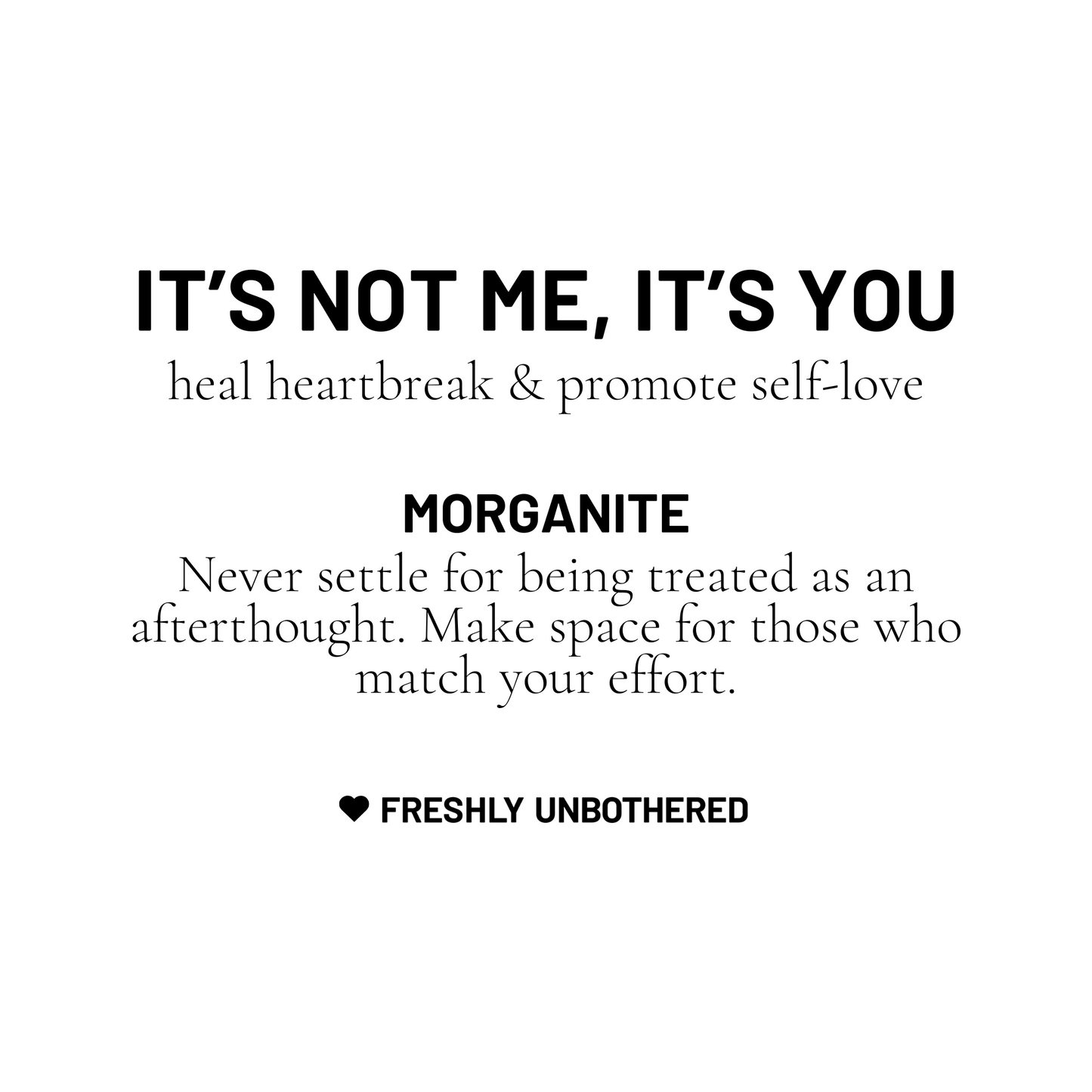 A black and white card describing morganite gemstone to heal heartbreak and promote self-love.