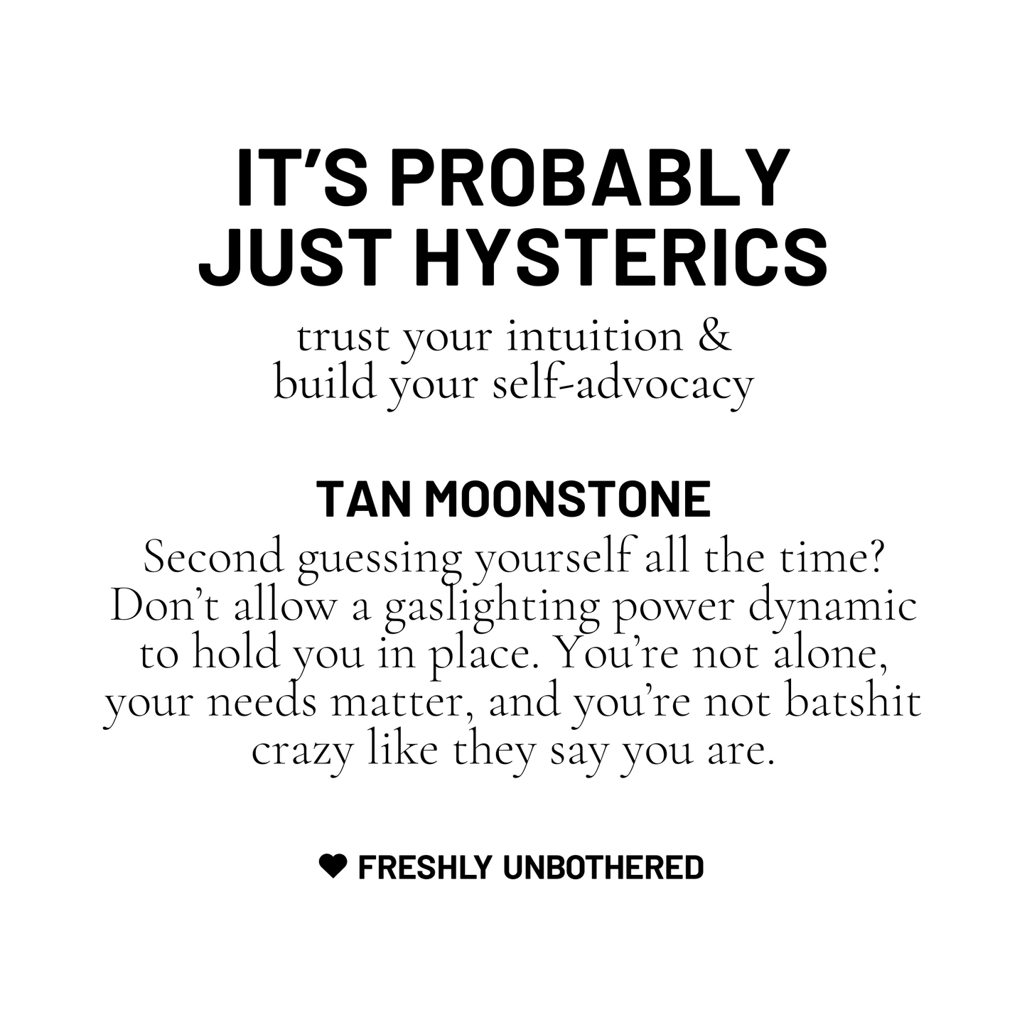 A black and white card describing tan moonstone gemstone to trust your intuition and build your self-advocacy.