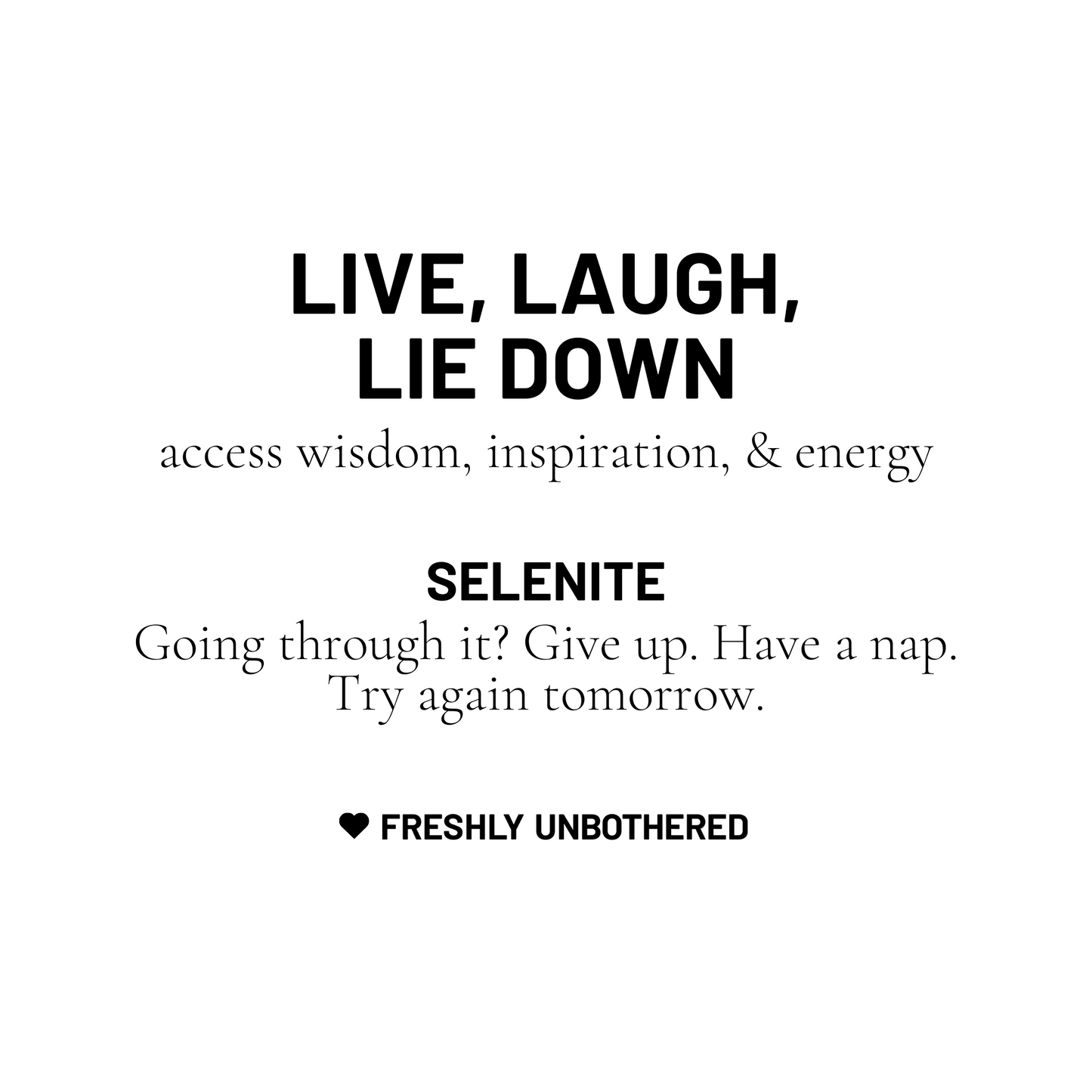 A black and white card describing selenite gemstone to access wisdom, inspiration, and energy.