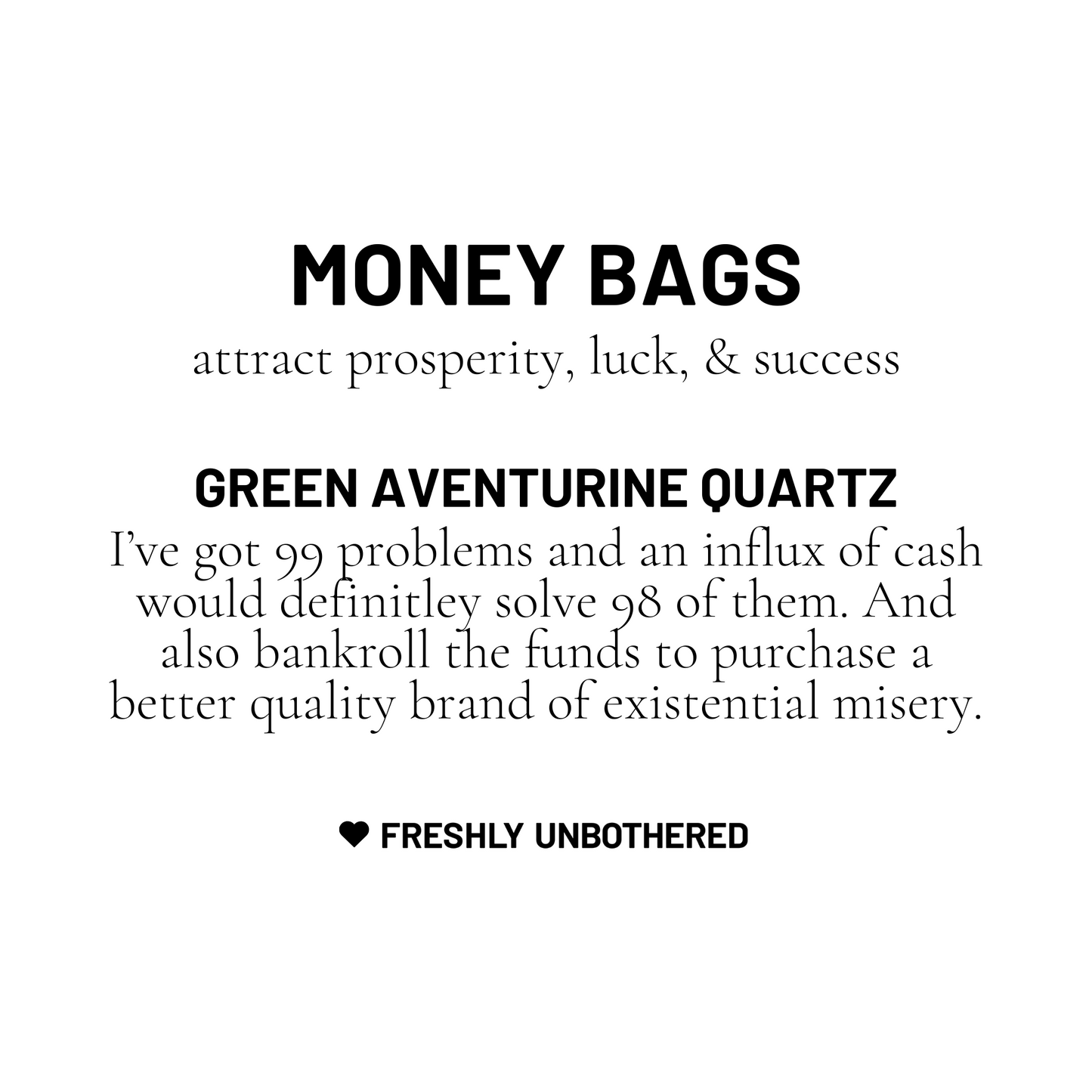 A black and white card describing green aventurine quartz to attract prosperity, luck, and success.