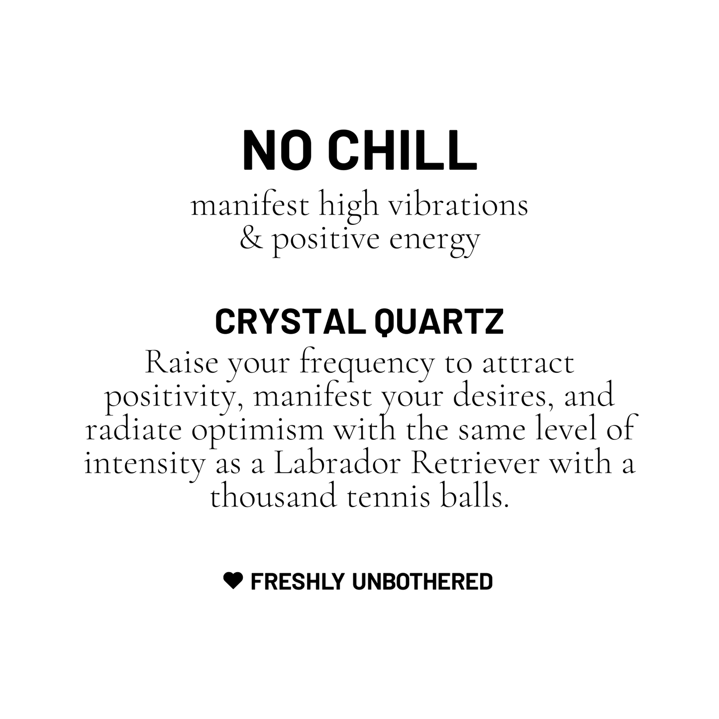 A black and white card describing crystal quartz gemstone to manifest high vibrations and positive energy.