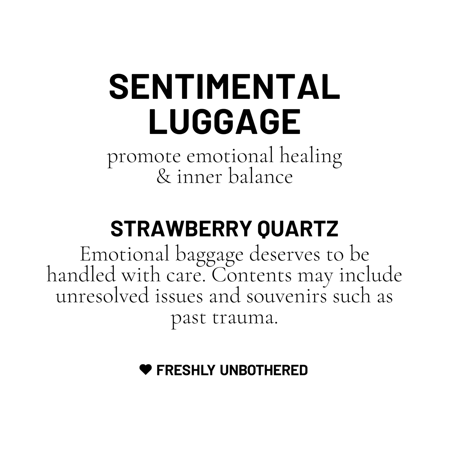 A black and white card describing strawberry quartz gemstone to promote healing and inner balance.