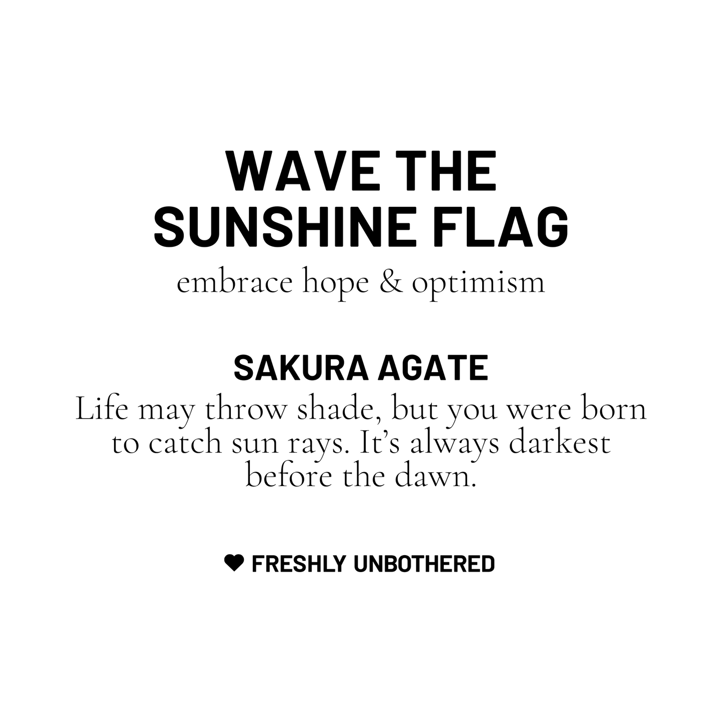 A white and black card describing sakura agate gemstone to embrace hope and optimism.