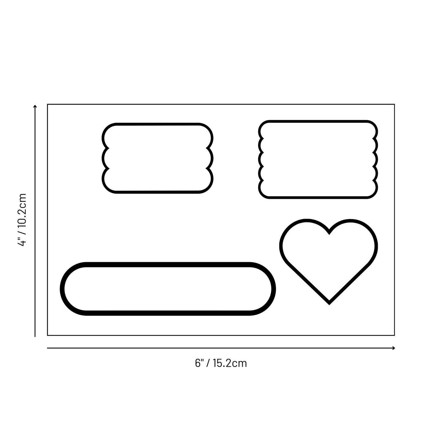 A black and white 2D diagram showing the layout of die cut stickers on a sheet measuring 10.2 by 15.2cm.