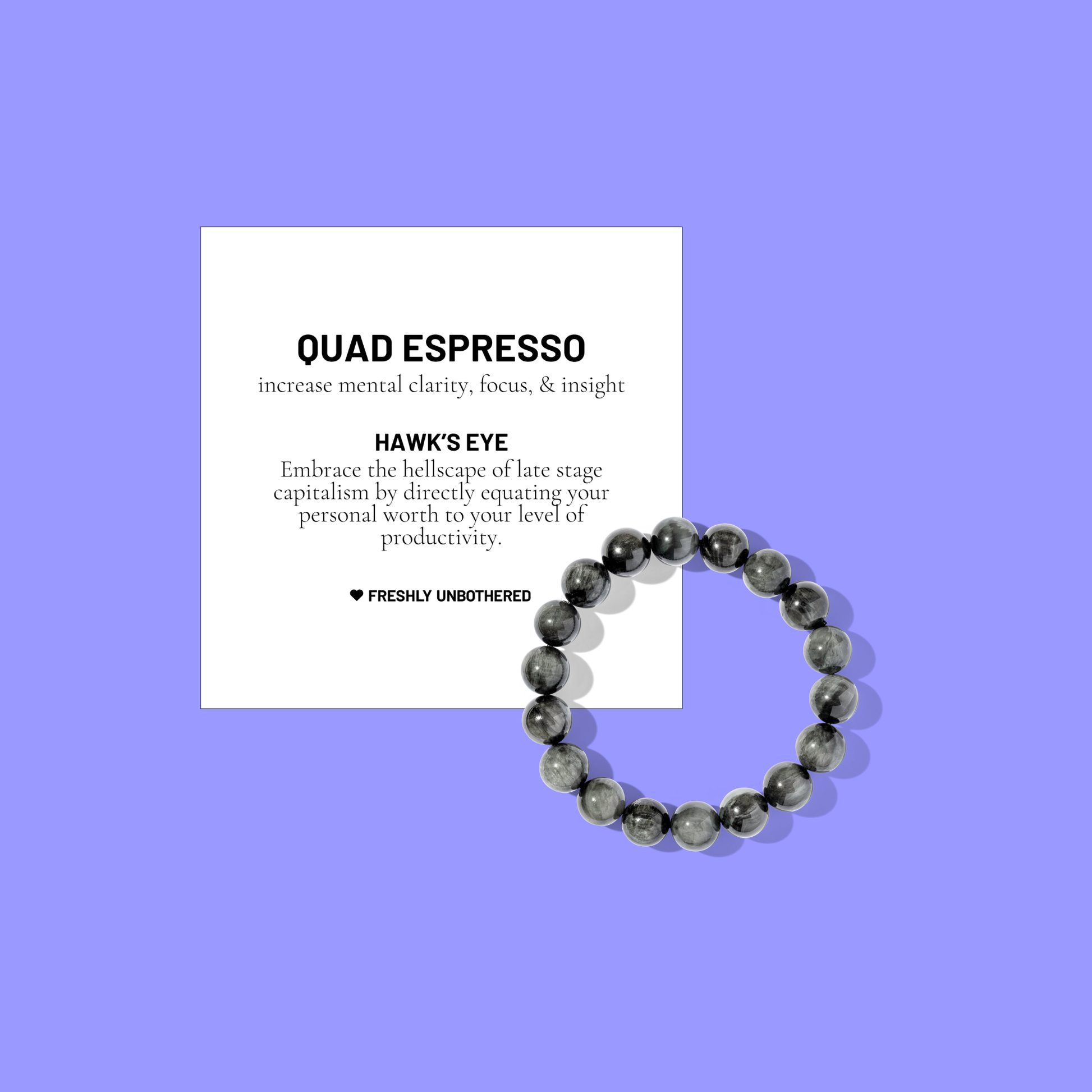 A periwinkle coloured background with a white card bearing the description of a crystal gemstone bracelet, and a round hawk's eye bead bracelet, positioned below and to the right of the card.