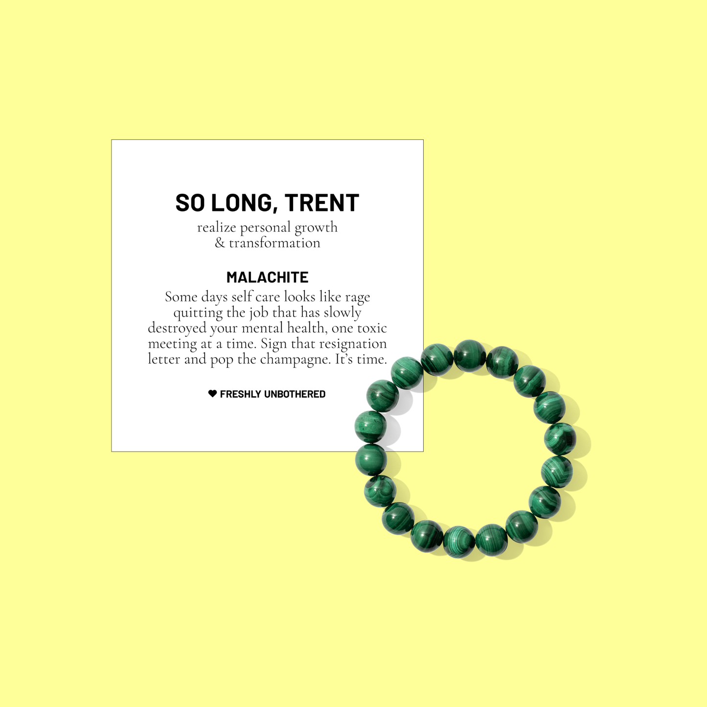 A yellow coloured background with a white card bearing the description of a crystal gemstone bracelet, and a round malachite bead bracelet, positioned below and to the right of the card.