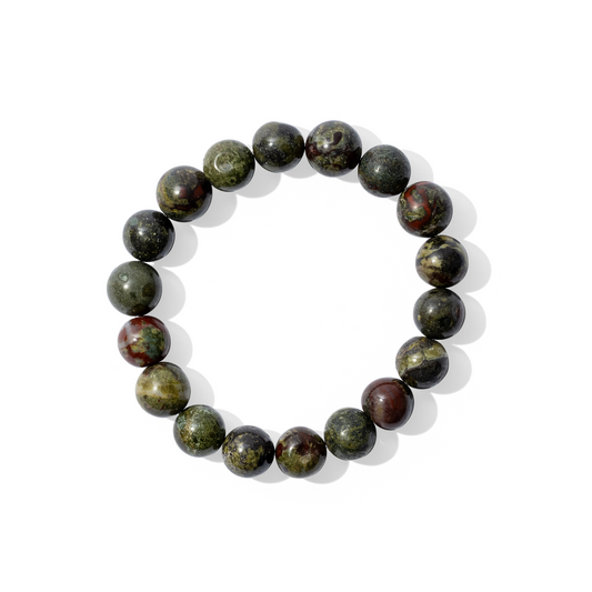 A single crystal gemstone bracelet made of dragon's blood jasper. Opaque, shiny, dark green, speckled with drops of deep burgundy and rust.