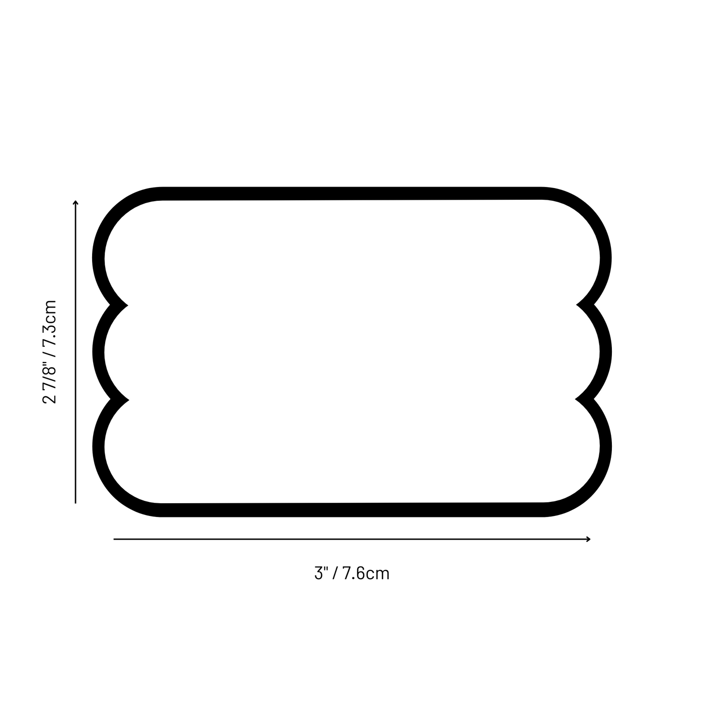 A black and white 2D diagram showing the layout of a die cut sticker measuring 7.3 by 7.6 cm.