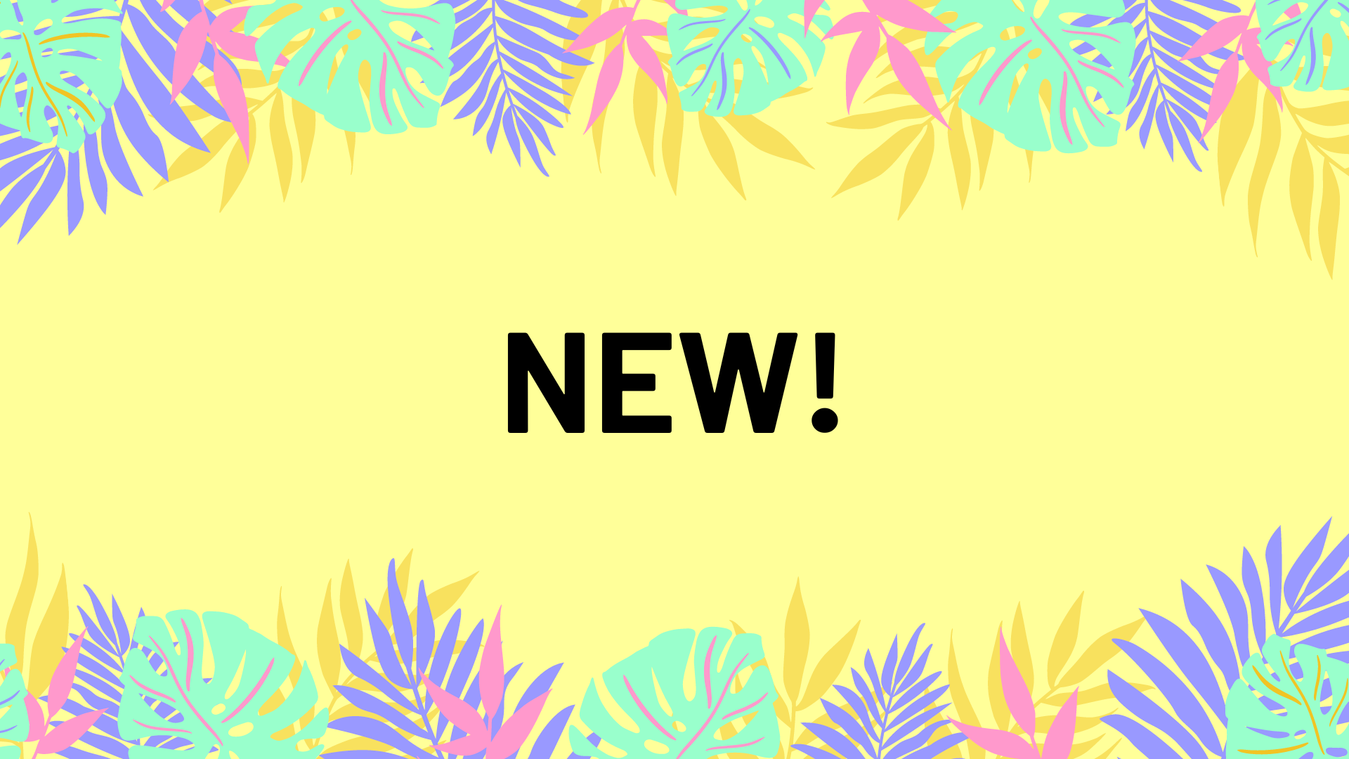 A variety of vivid pink, green, and purple tropical, graphic leaves on a bright yellow background.