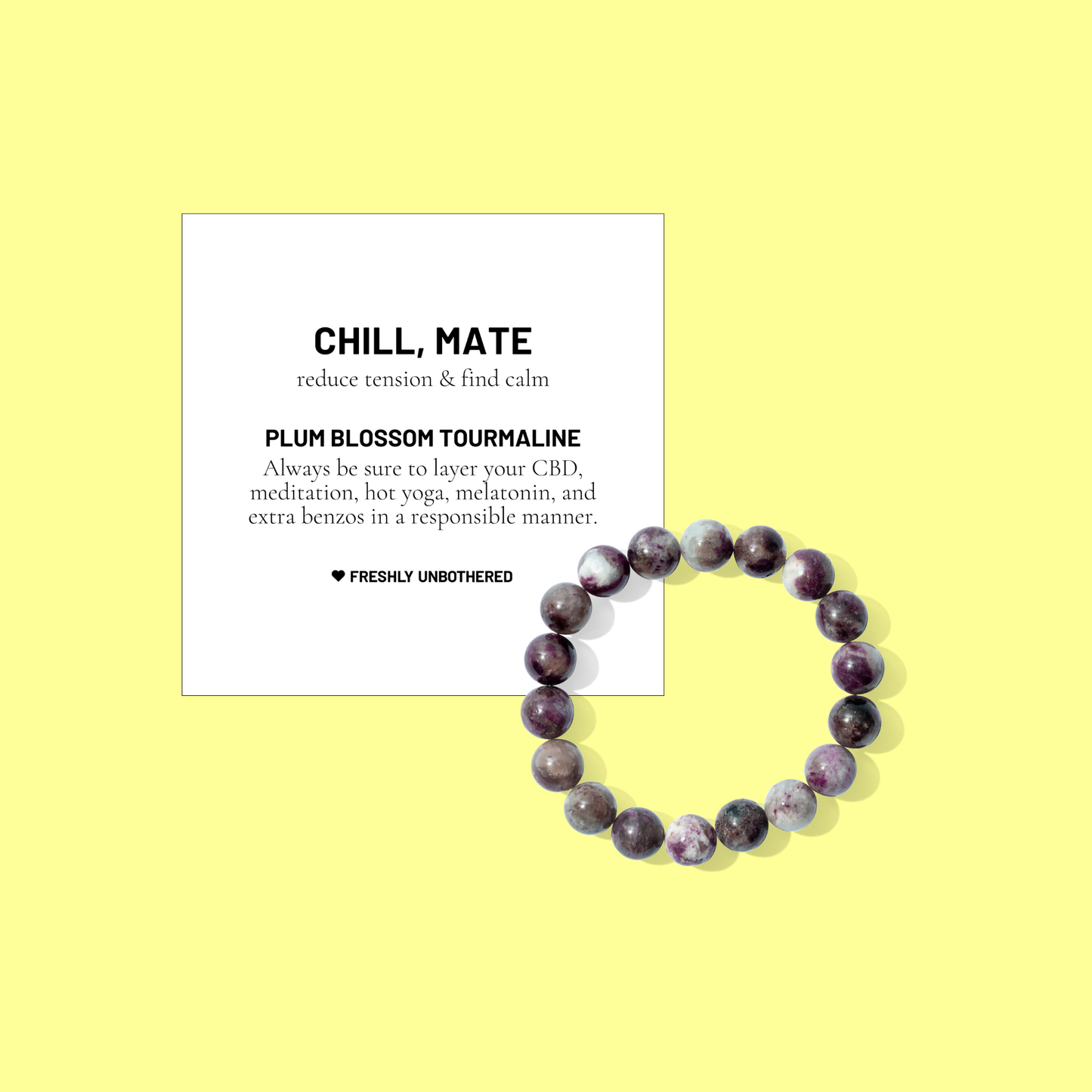 A yellow coloured background with a white card bearing the description of a crystal gemstone bracelet, and a round bead plum blossom tourmaline bracelet, positioned below and to the right of the card.