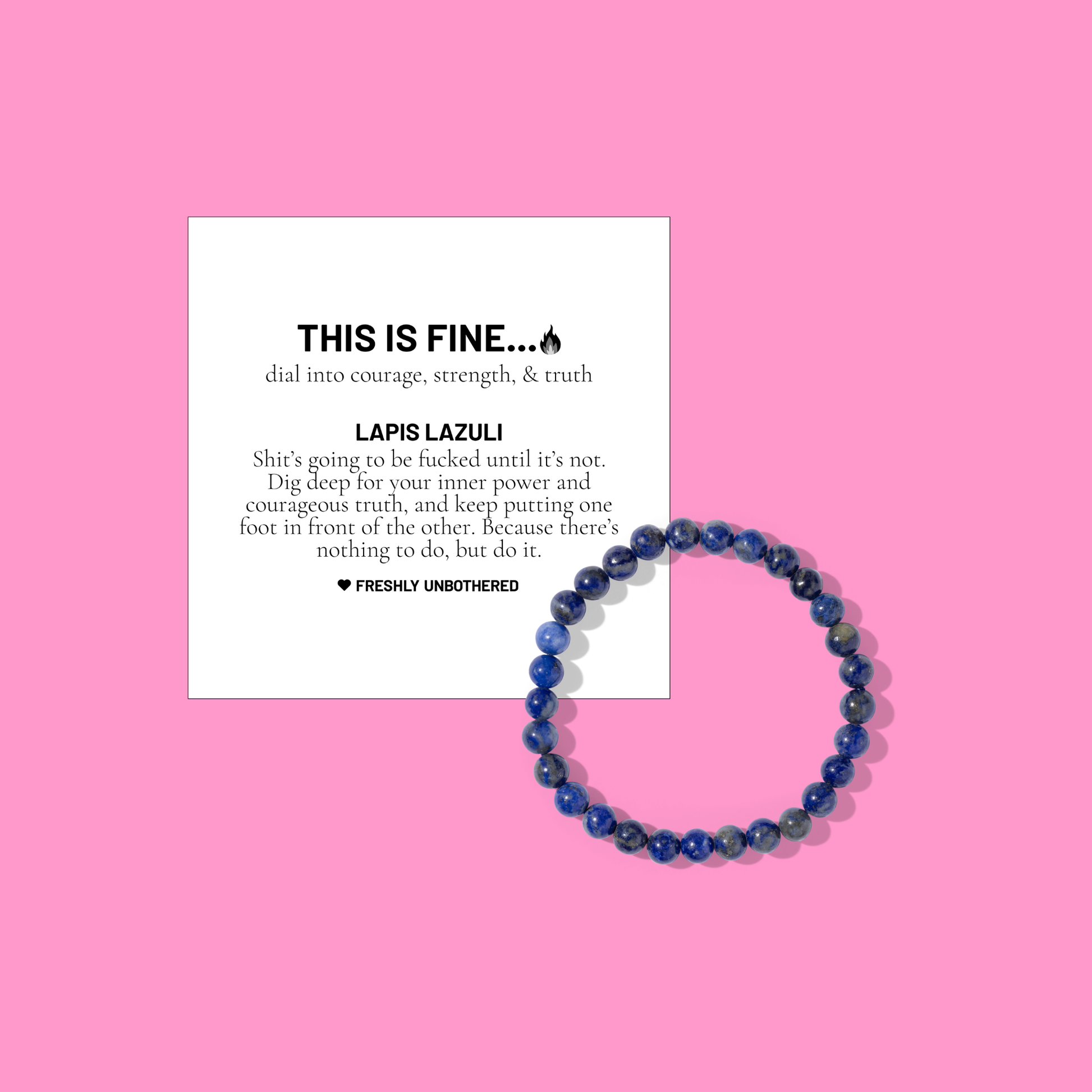 A pink coloured background with a white card bearing the description of a crystal gemstone bracelet, and a round bead lapis lazuli bracelet, positioned below and to the right of the card.