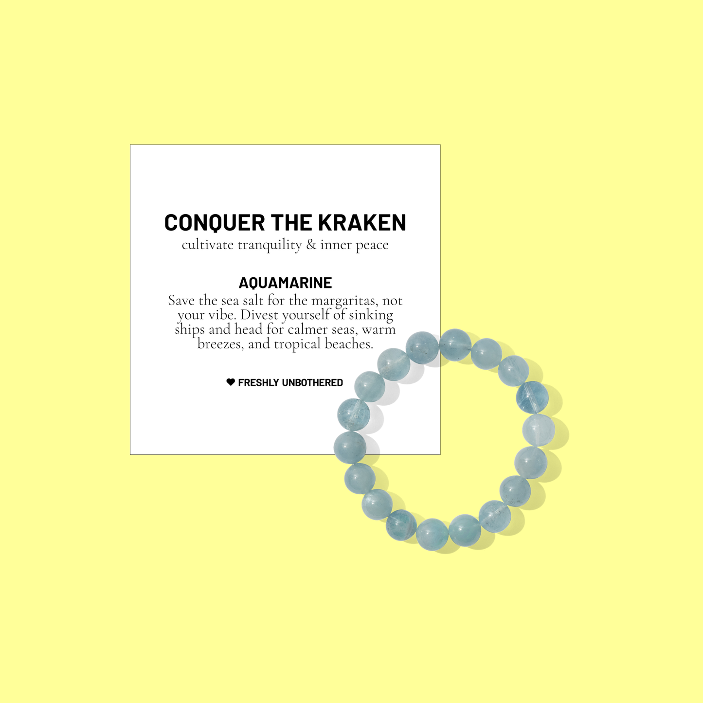 A yellow coloured background with a white card bearing the description of a crystal gemstone bracelet, and a round bead aquamarine bracelet, positioned below and to the right of the card.