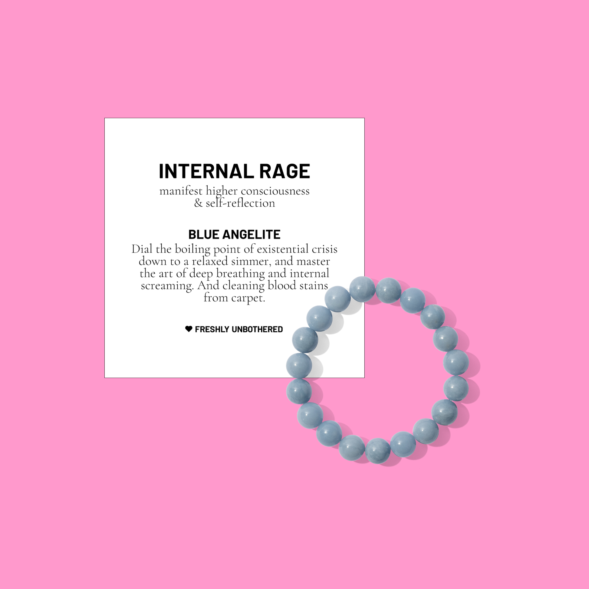 A pink coloured background with a white card bearing the description of a crystal gemstone bracelet, and a round bead blue angelite bracelet, positioned below and to the right of the card.