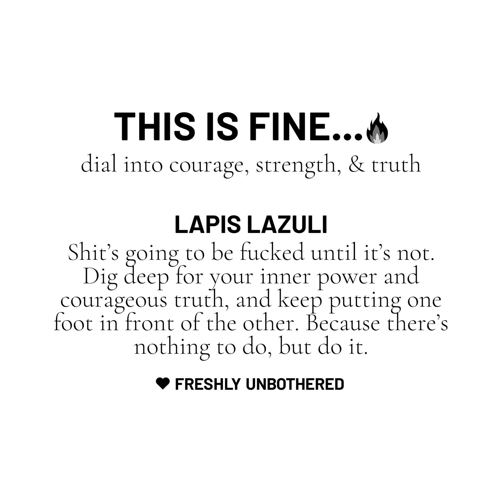 A black and white card describing lapis lazuli gemstone to dial into courage, strength, and truth.