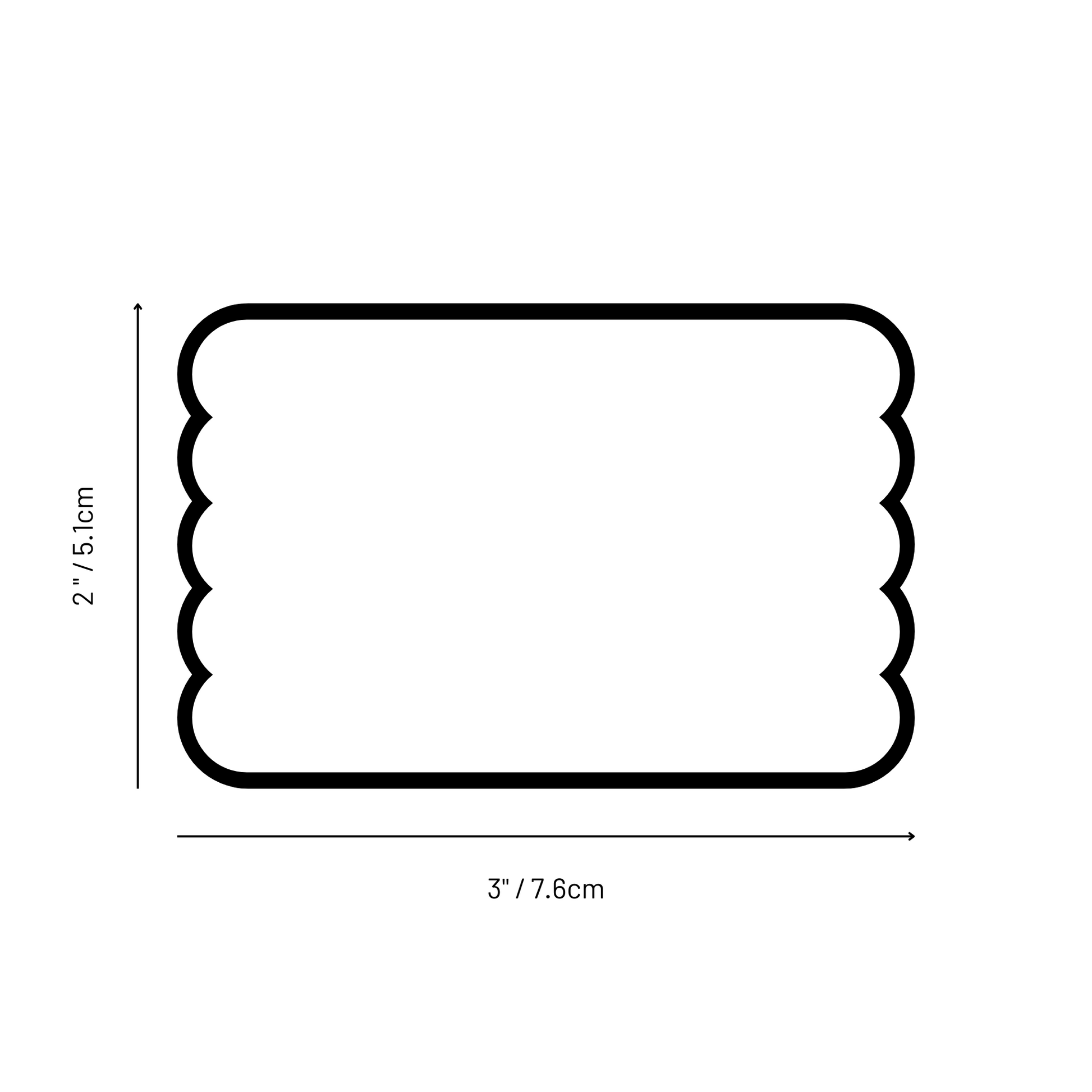 A black and white 2D diagram showing the layout of a die cut sticker measuring 5.1 by 7.6 cm.