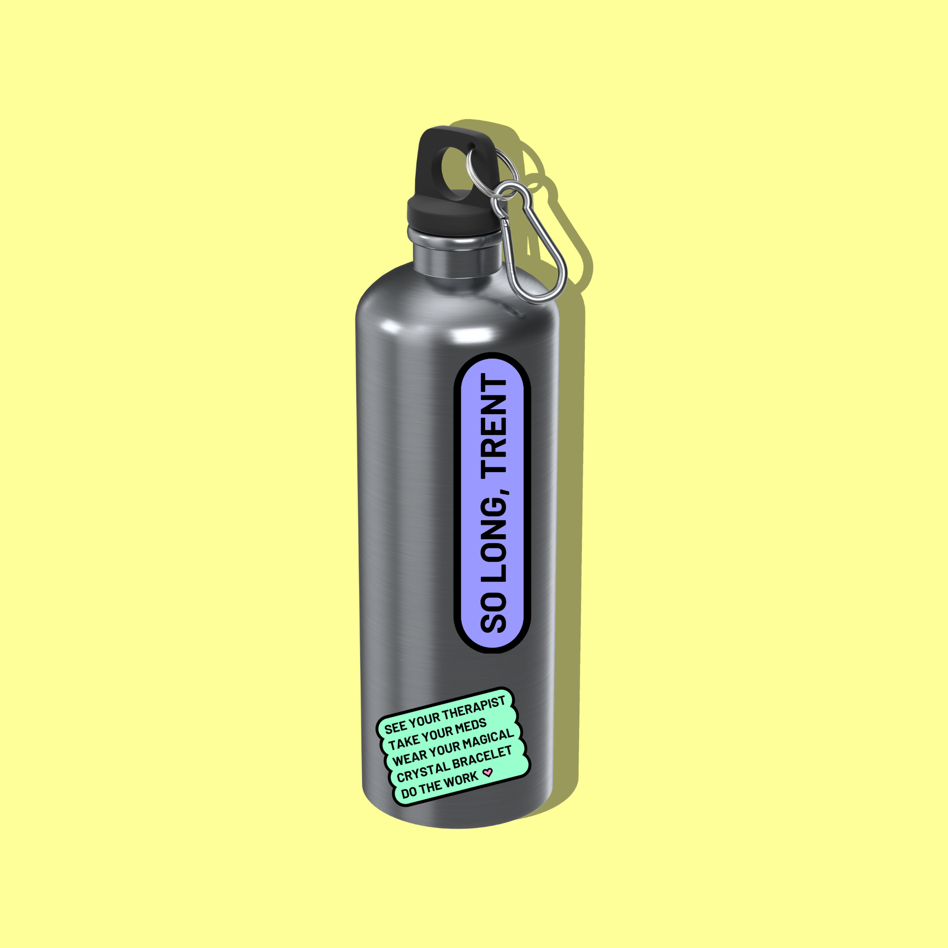 A grey metal water bottle with a purple and green sticker on it. The water bottle casts a shadow a yellow background.